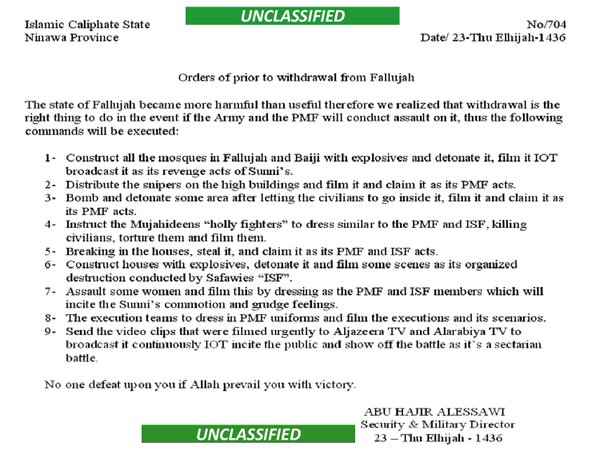 ISIL fighters ordered to dress as ISF and commit atrocities before fleeing Fallujah. 