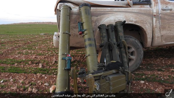 3 Russian RPO-As, 8 TM-62 mines, 2 9M113 Konkurs ATGMs with associated launcher and 3 RPGs captured by IS