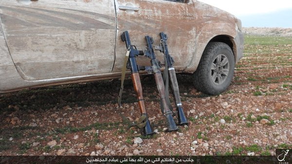 3 Russian RPO-As, 8 TM-62 mines, 2 9M113 Konkurs ATGMs with associated launcher and 3 RPGs captured by IS