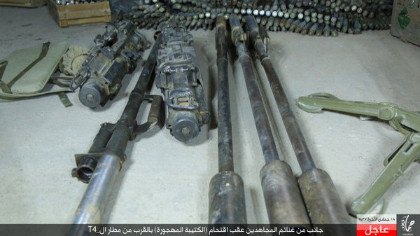 Syria Daesh published pics of weapons captured near T4, a 9P135 launcher and 9M113 Konkurs ATGM along with 14,5mm machine guns, RPG's and plenty of ammo