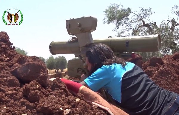 Rebels received new 9M113 to attack ISIS. Shot at bulldozer in  Kafr Kalbin