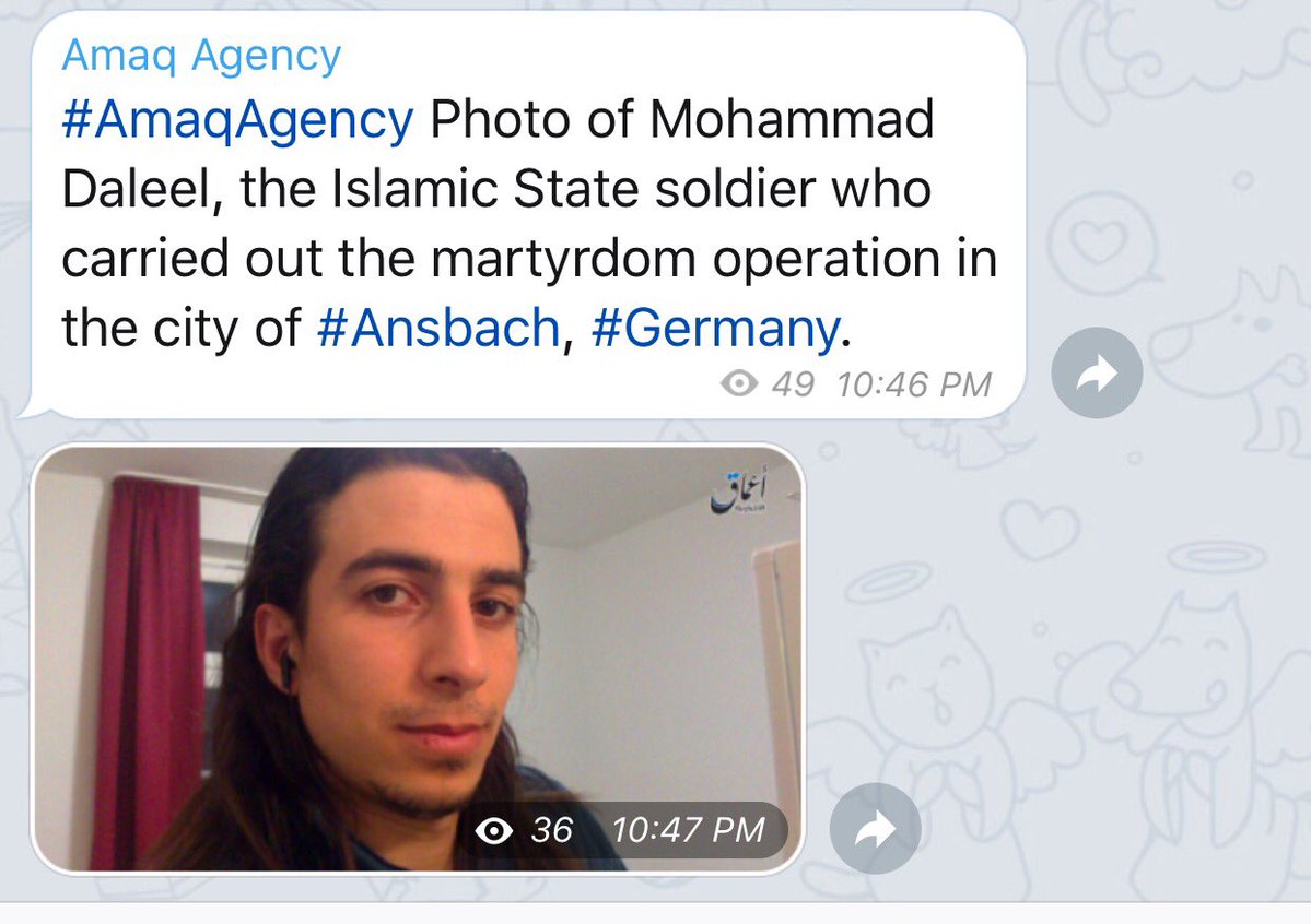 ISIS (through Amaq) claims that Ansbach suicide bomber is called Mohammad Daleel. This is his pic  