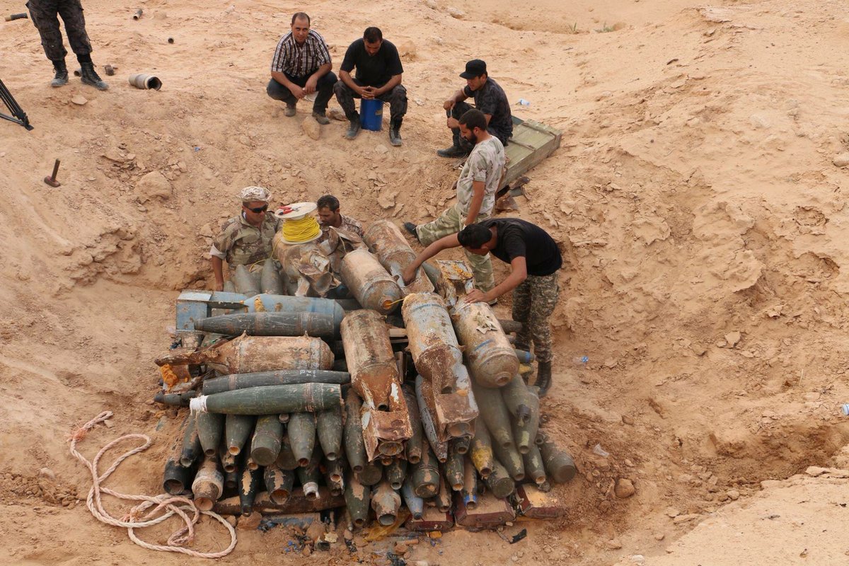 Libya - Controlled explosion by BuyanAlMarsous EOD with the mortars, explosives, rockets found in Sirte.  