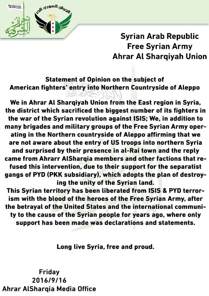 Ahrar al-Sharqiya statement in English concerning the United States entry into northern Aleppo.