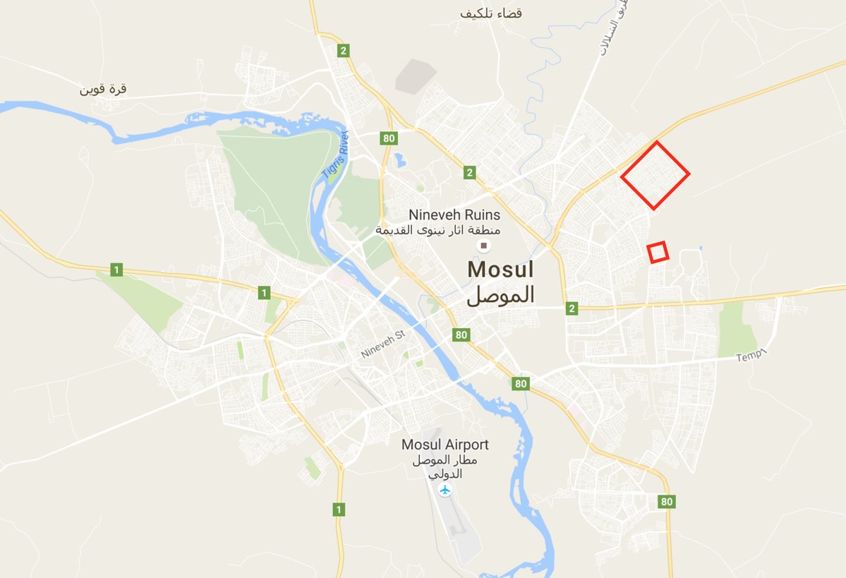 Day 15 of MosulOps: Iraq's 9th division are entering into Hay Saddam (top square)  and  Hay Karkoukli (lower square)  