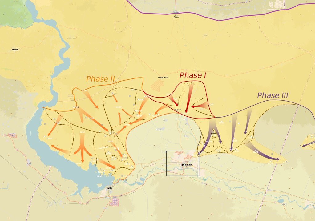 Map showing the 3 phases of #WrathOfEuphrates launched by SDF YPG YPJ on Raqqa  and  DeirEzzor countryside  