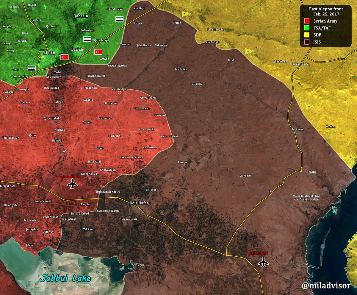 East Aleppo front Feb.25 2017. SAA take control Khirbat Kayar, Qasr Bureij, Mustariha  and now in ~11km from SDF  