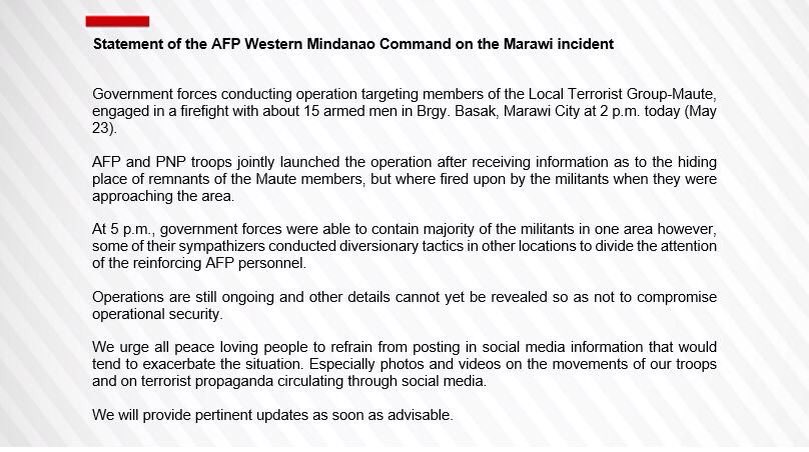 The military said it is sending more troops to Marawi region
