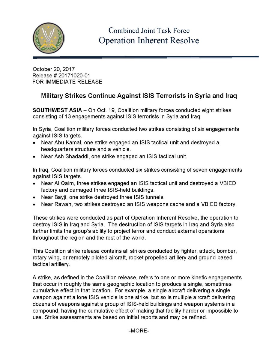 Inherent Resolve:On Oct 19, Coalition forces conducted eight strikes consisting of 13 engagements to Defeat Daesh in Syria and Iraq   