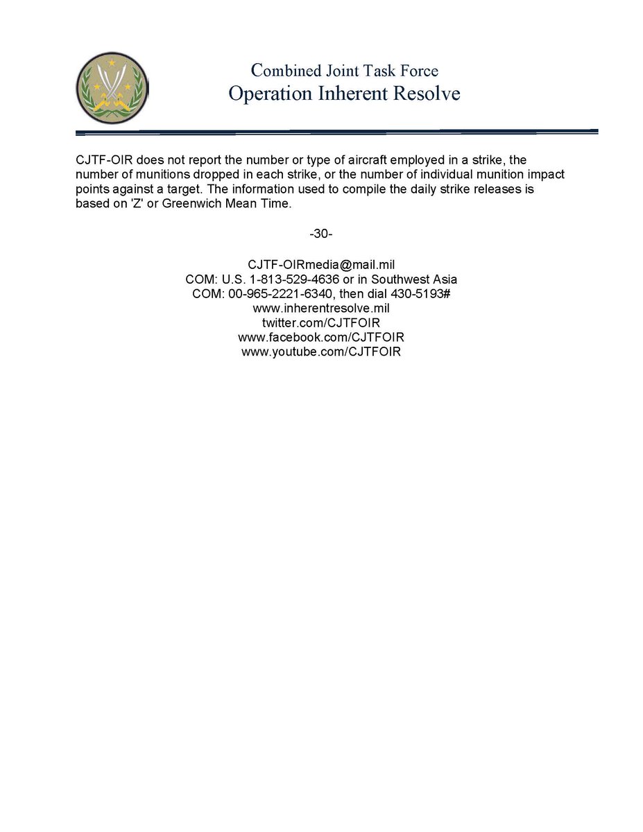 Inherent Resolve:On Oct 19, Coalition forces conducted eight strikes consisting of 13 engagements to Defeat Daesh in Syria and Iraq   