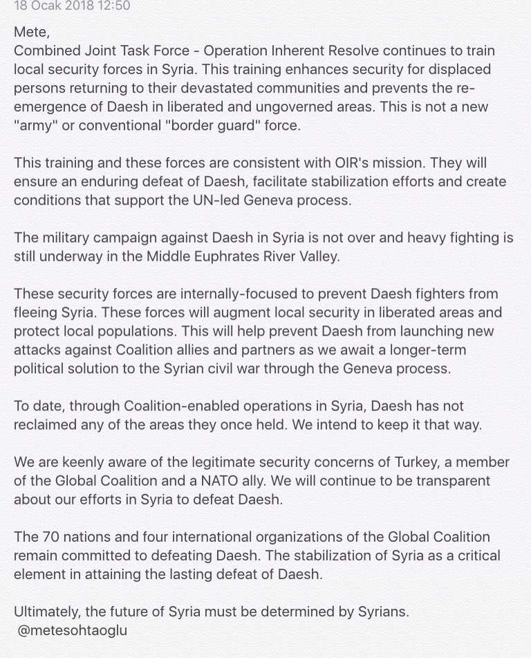 US led anti-ISIS coalition response to my questions about the 'border guard forces' in Syria