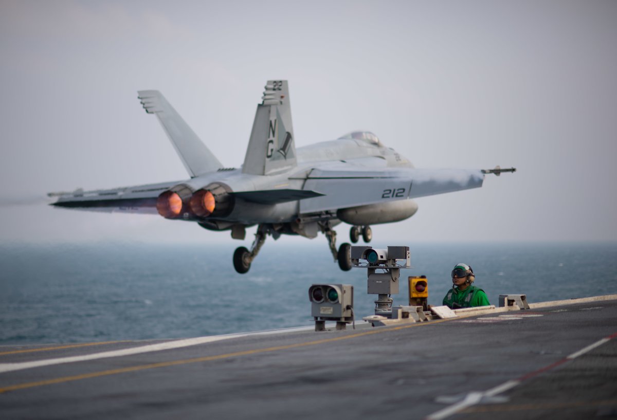 U.S. Central Command:An F/A-18E Super Hornet assigned to Strike Fighter Squadron (VFA) 14 launches from the flight deck of the aircraft carrier @stennis74, Jan. 2. The John C. Stennis Carrier Strike Group is deployed to the @US5thFleet in support of maritime stability and security.   