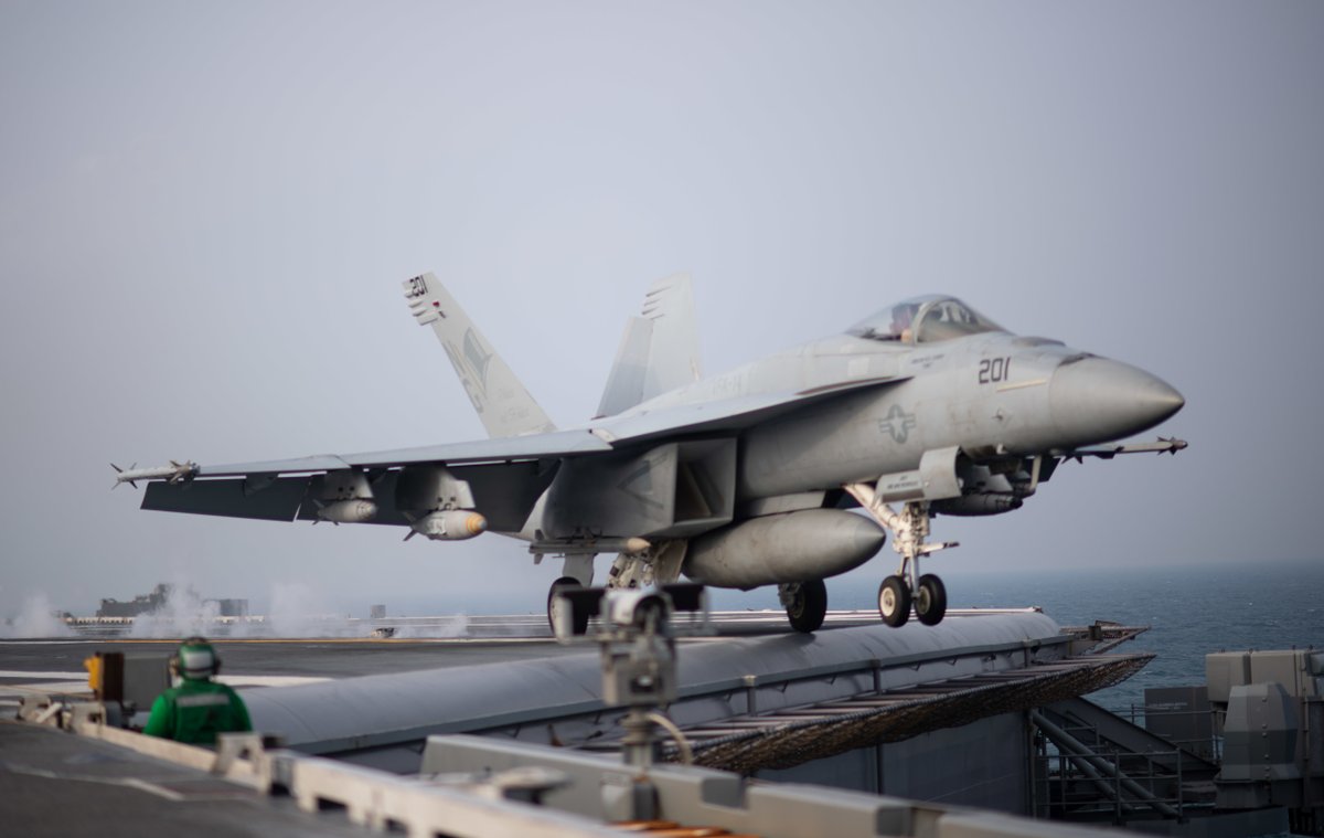 U.S. Central Command:An F/A-18E Super Hornet assigned to Strike Fighter Squadron (VFA) 14 launches from the flight deck of the aircraft carrier @stennis74, Jan. 2. The John C. Stennis Carrier Strike Group is deployed to the @US5thFleet in support of maritime stability and security.   