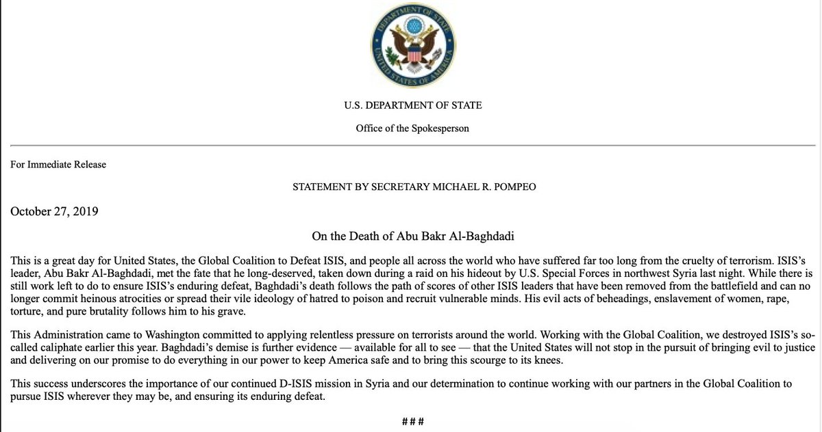 Statement on the death of the ISIS leader from @SecPompeo
