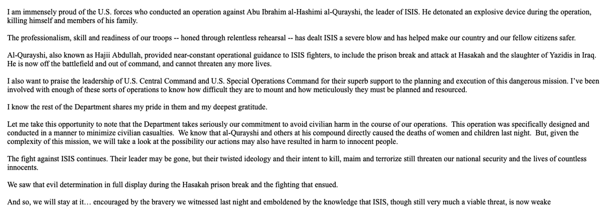 Statement from @SecDef on the US raid against ISIS leader Amir Hajii Abdullah