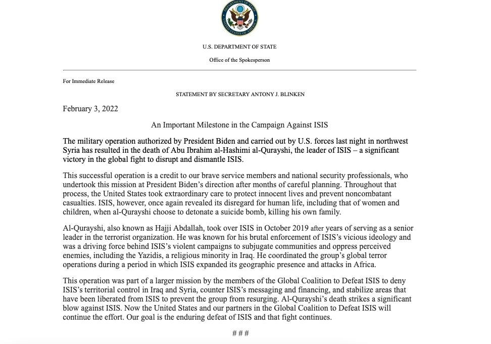 US military operation in Syria a significant victory in the global fight to disrupt and dismantle ISIS, says @SecBlinken in a statement