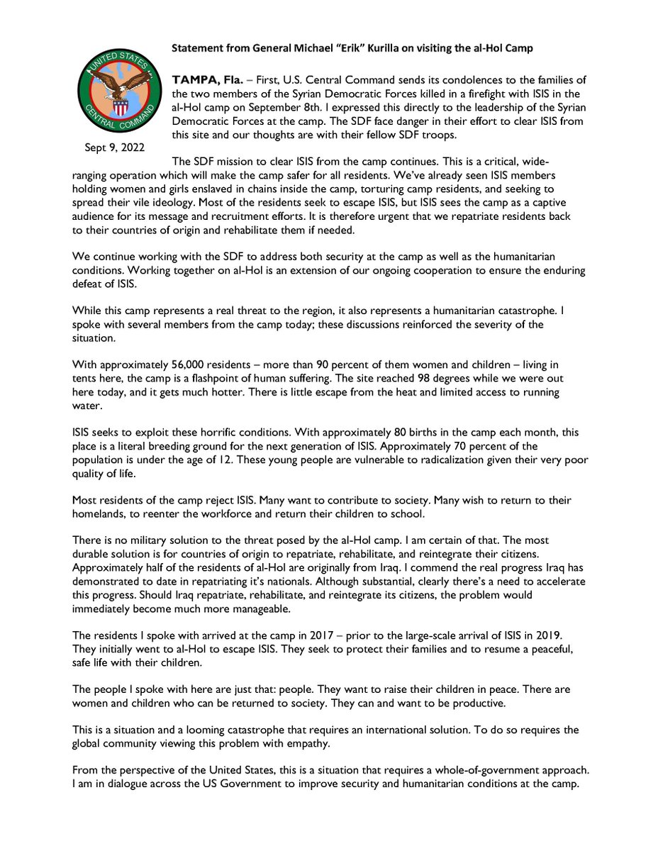 U.S. Central Command:Statement from General Michael Erik Kurilla on visiting the al-Hol Camp