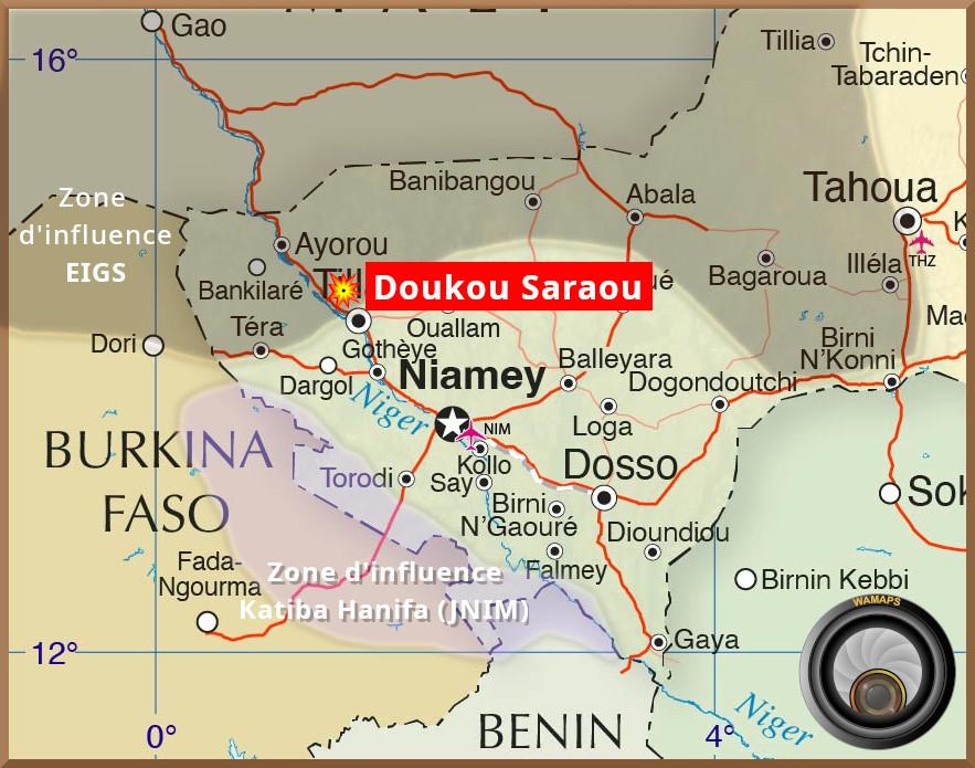 Niger: 08/20 ISGS militants attacked the villages of Doukou_Saraou, Doukou_Makani and Doukou_Koirategui southeast of Anzourou and stole details. The National Guard went there and fell into a terrorist ambush. 14 FDS fell and 4 injured.n Several militants neutralized.nThe FDS abandoned 4 vehicles on the road to Bonféba