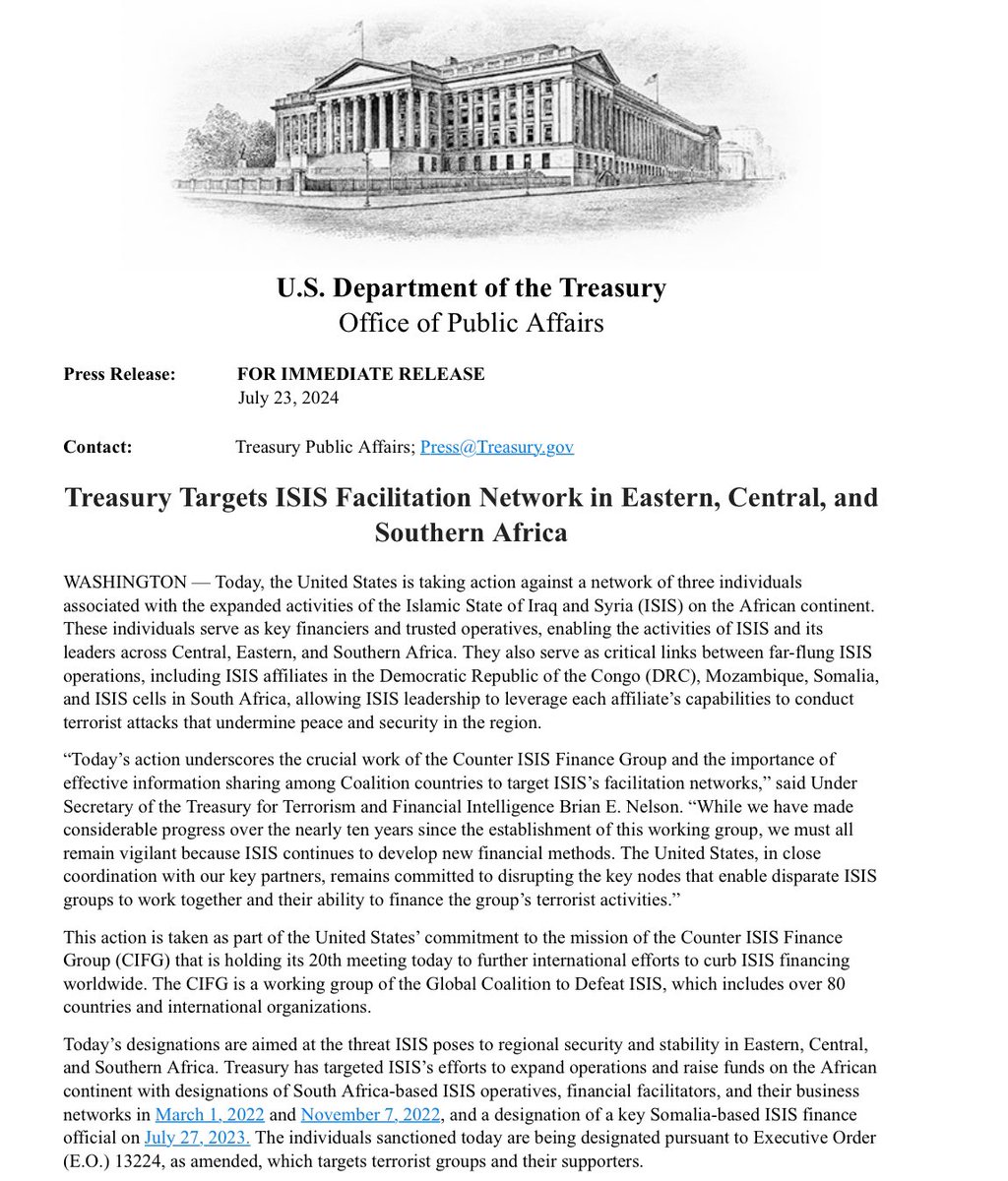 New U.S. Sanctions Target ISIS Facilitation Network in Eastern, Central, and Southern Africa