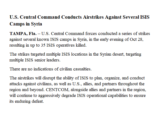 CENTCOM: U.S. Central Command Conducts Airstrikes Against Several ISIS Camps in Syria