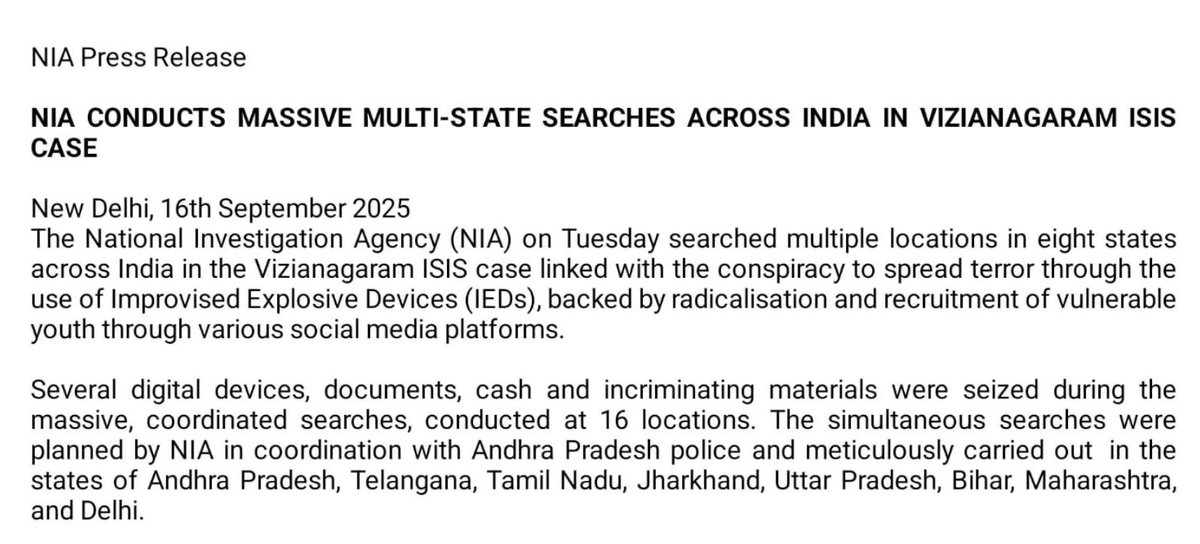 National Investigation Agency (@NIA_India) Conducts Counter-Terrorism Raids in 16 Locations Across Eight States in Connection with Vizianagaram (Vizag) Islamic State (IS) Case, Andhra Pradesh, India