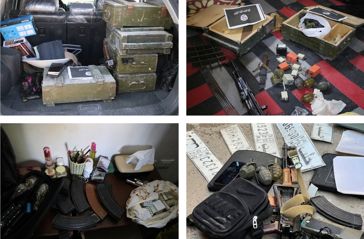 Syria: on first day of the large scale anti-ISIS operation, 61 raids were conducted across different provinces and 71 individuals arrested. A number of medium and high-level IS figures were captured. Some of them were hiding in areas with Christian & Druze presence (Homs &Syria: photos showing the aftermath of today's raids against ISIS cells in several areas, including Idlib & Homs provinces. Seized equipment includes weapons, IEDs, grenades, ammunition and a thermal scope