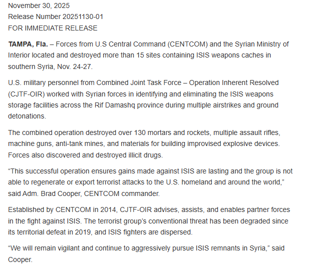 US announced that, in collaboration with Damascus forces, it destroyed over 15 ISIS weapons caches in Damascus province a few days ago through airstrikes and controlled ground detonations. Syria: intense US monitoring operations over the Western Deir ez-Zur desert (area of Bishri Mount) today, tracking ISIS activity.