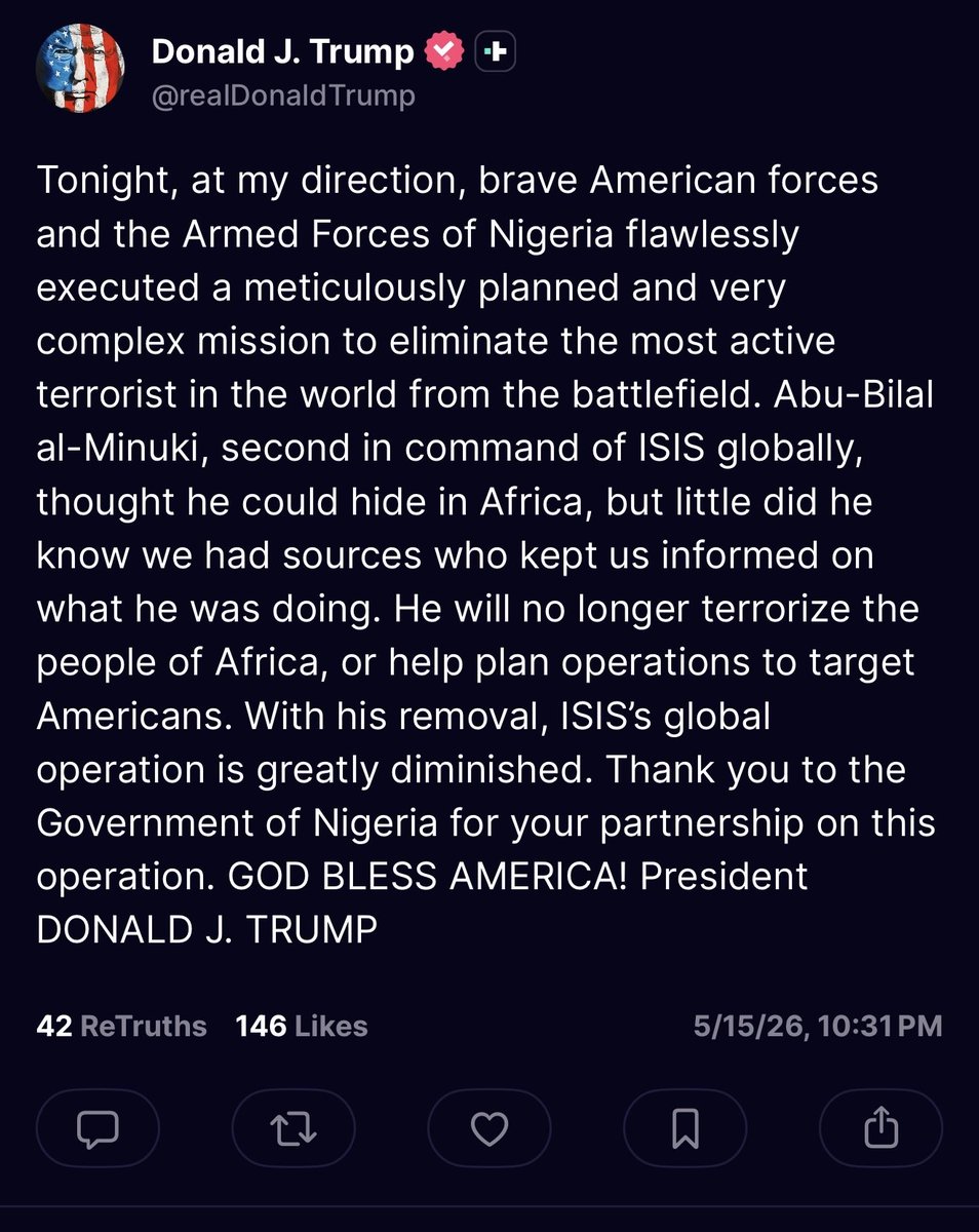 President Trump: The U.S. has killed Abu-Bilal al-Minuku, ISIS’ second-in-command, in a military operation conducted in Nigeria